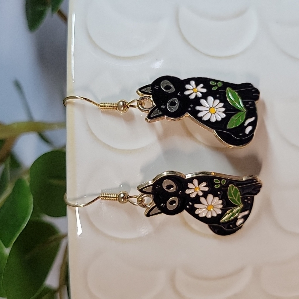Black Cat Daisy Dangle Earrings - Picture 2 of 4